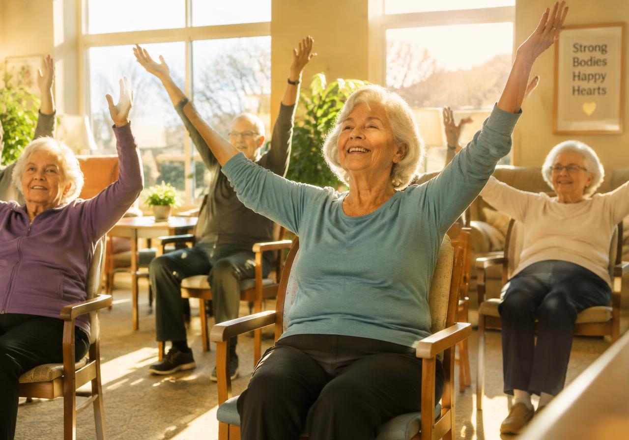Residents enjoying chair yoga